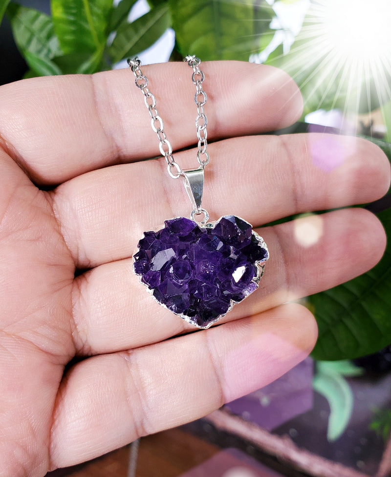 Amethyst Heart Necklace Electroplated Silver Edge