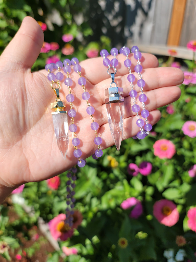 Cosmic Clear Quartz Point with Lavender Chalcedony Beads Chain