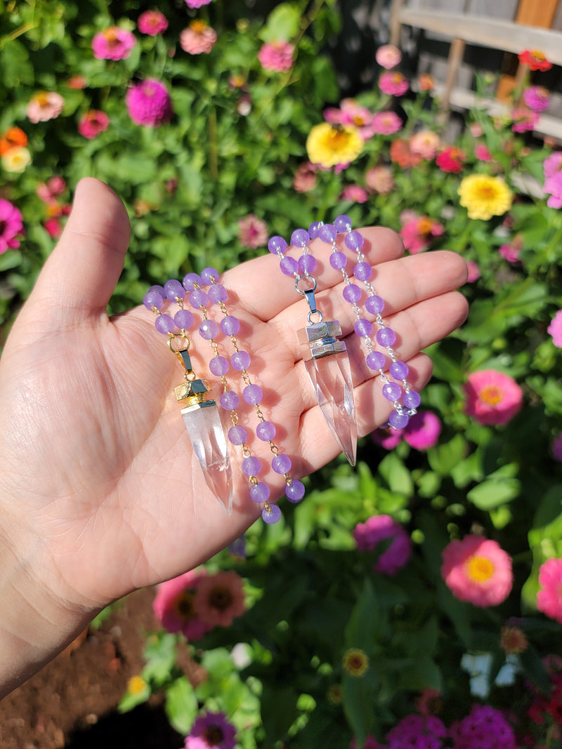 Cosmic Clear Quartz Point with Lavender Chalcedony Beads Chain