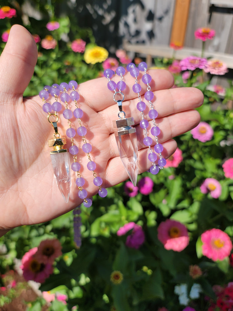 Cosmic Clear Quartz Point with Lavender Chalcedony Beads Chain