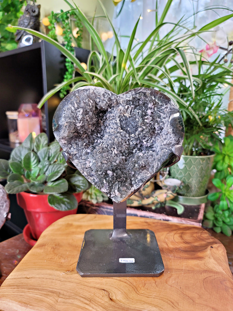 UNIQUE Smoky Amethyst Heart with Druzy Layer & Quartz Points on Metal Stand from Uruguay