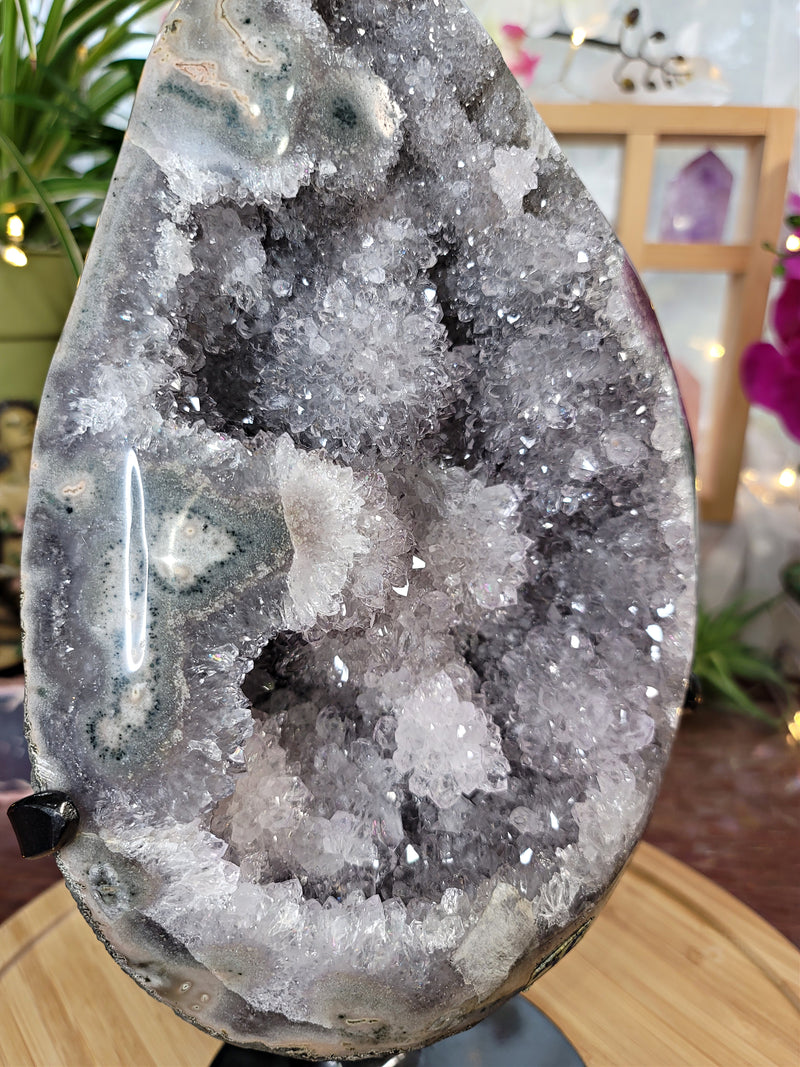 GORGEOUS Quartz & Jasper Geode with LOTS of Flower Formations on Metal Stand from Uruguay